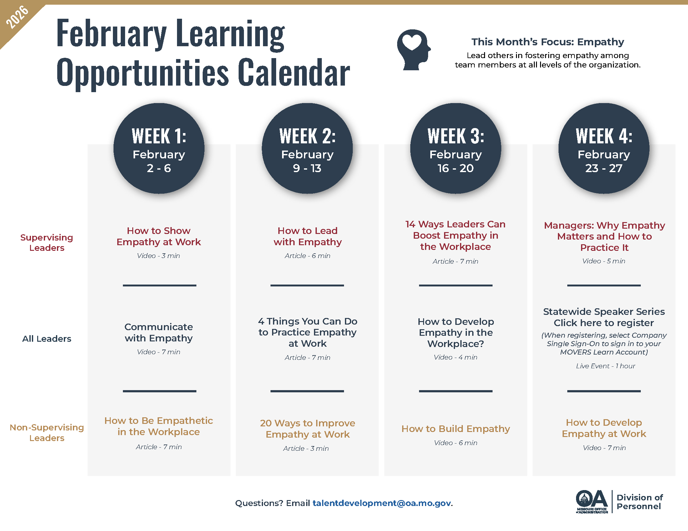 February Learning Opportunities Calendar - This Month's Focus: Empathy